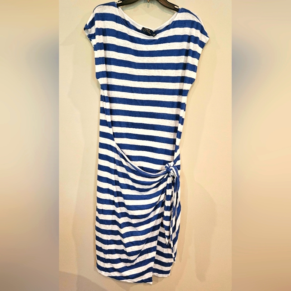 POLO Ralph Lauren 100% Linen Blue & White Stripe Dress W/ Tie Front: Size- M - Picture 1 of 9